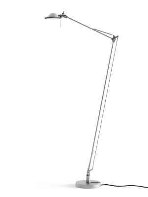 Silberne D12 Berenice Stehleuchte von Luceplan mit verstellbarem Arm und rundem Lampenkopf. Design Stehlampe für Wohnzimmer und Büro.